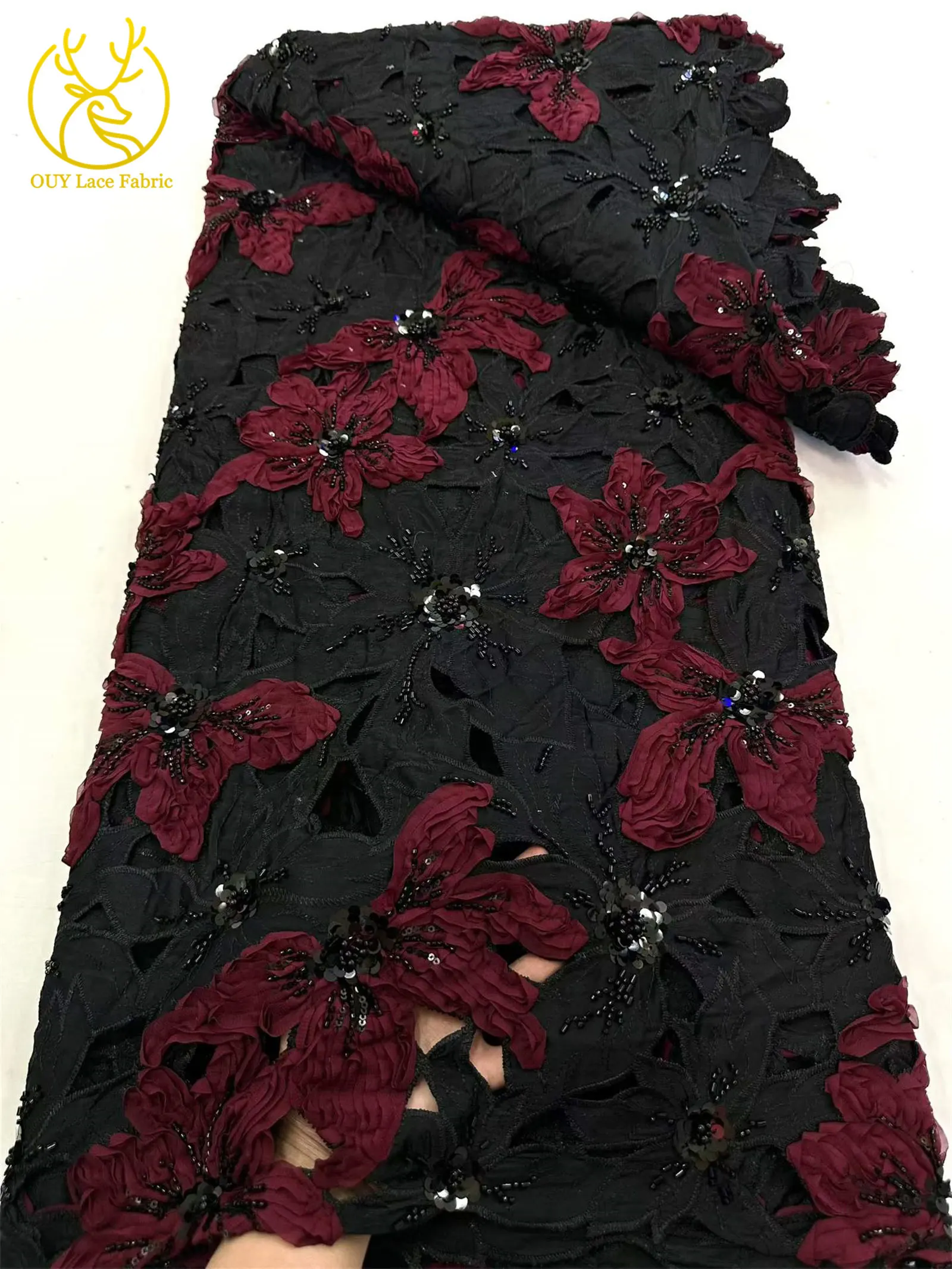 Afrikanischer französischer Stickerei-Spitzenstoff mit Perlen und Pailletten, nigerianischer Tüll-Stickerei-Blumenstoff für Abendkleider, Nähen und Dekoration – Detail 12