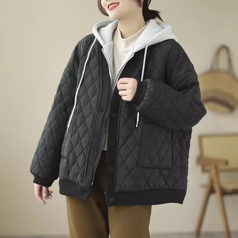 Fake Two Pieces Hooded Down Cotton Women Jackets 2024 New Winter Oversized Casual Loose Patchwork Quilted Outerwear Coat