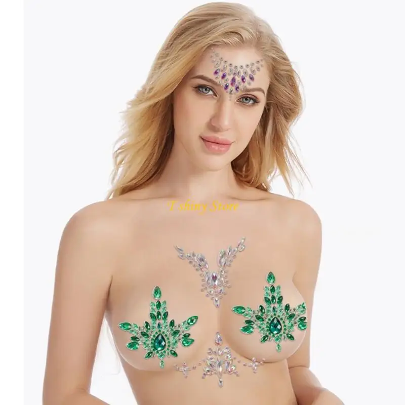 N58f ملصقات الصدر الكريستالي للسيدات من أحجار الراين الحجرية أحجار صدر جسم الثدي لفساتين السهرة وملابس السباحة