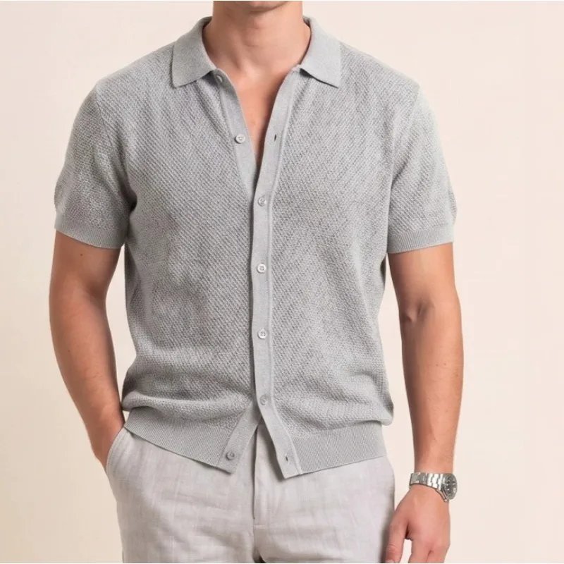 Men's Summer Casual Style Knitted Short-sleeved T-shirt Skin-friendly Breathable Cardigan Top Men's