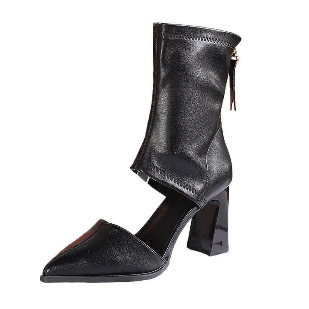 2026 Women's Spring Summer Fashion Pointed Toe Chunky Heel Sandal Boots Cut-out Ankle Boots