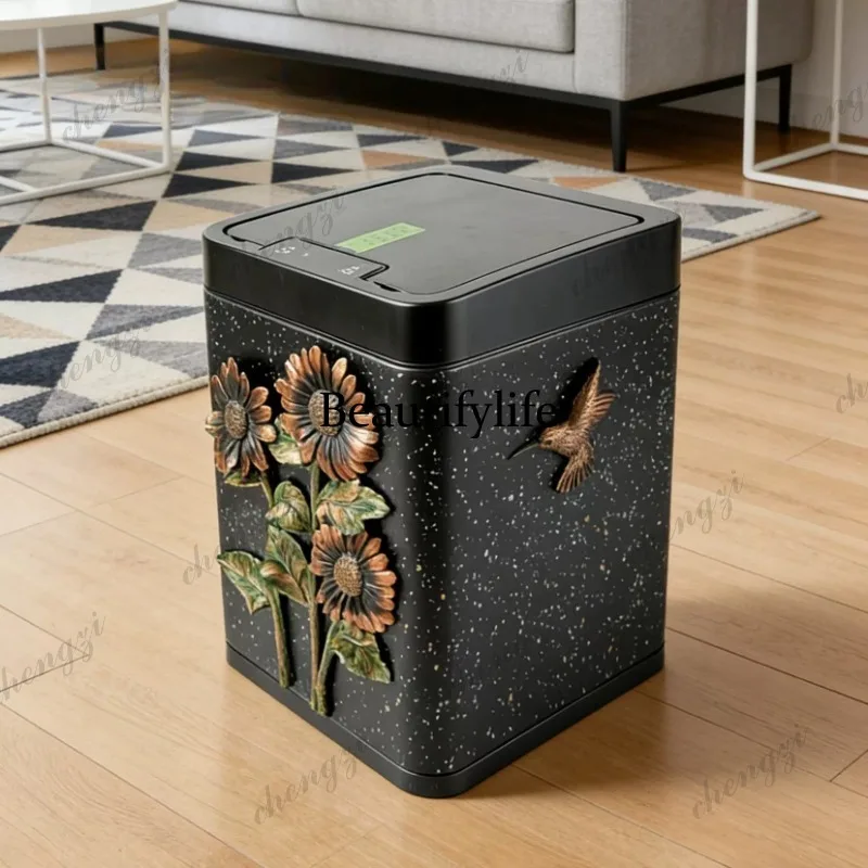 Intelligent induction trash can European retro home living room kitchen bedroom creative light luxury electric open lid