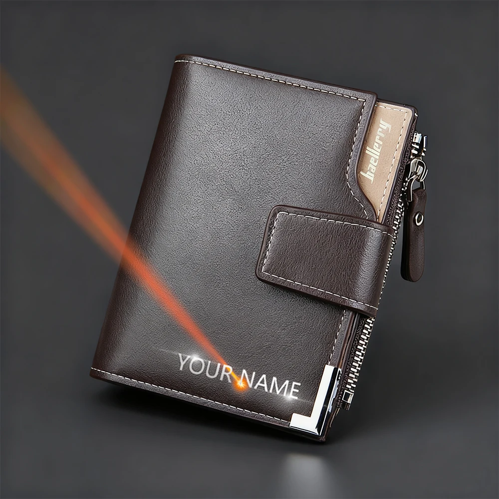 Customized Name Engraving Men Short Wallets Big Capacity Card Holder Male Purses Zipper Coin Pocket Photo Holder Wallets For Men