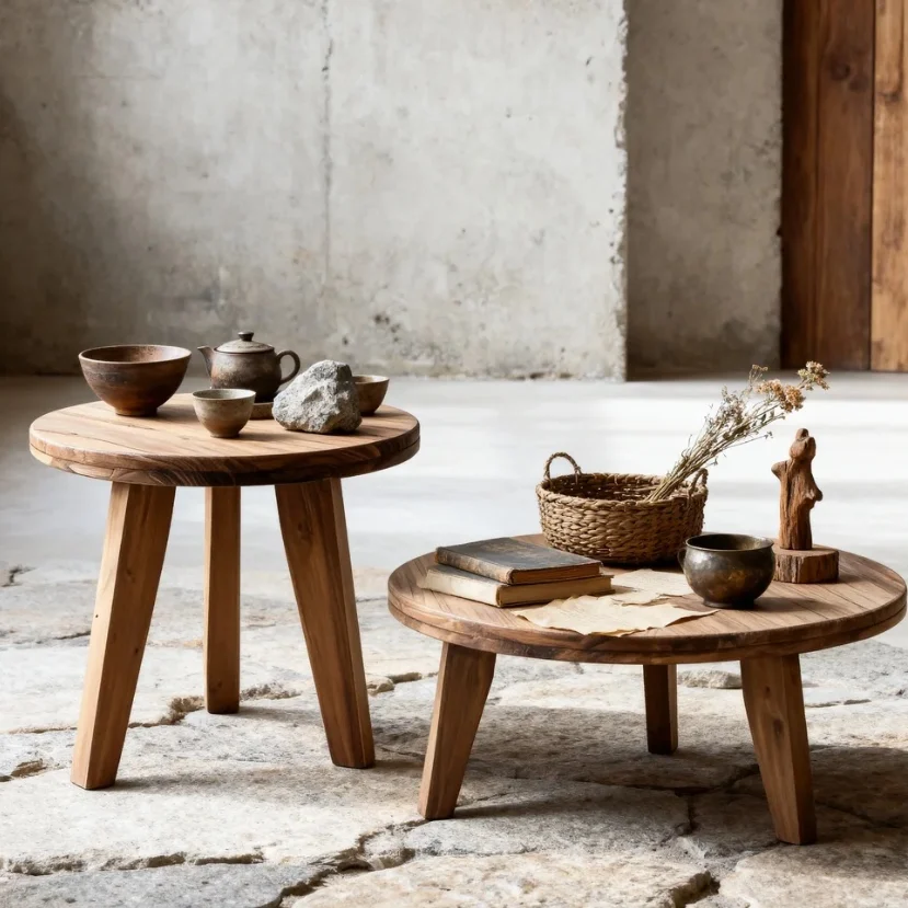 Solid wood round low coffee table Nordic old pine combination tea table