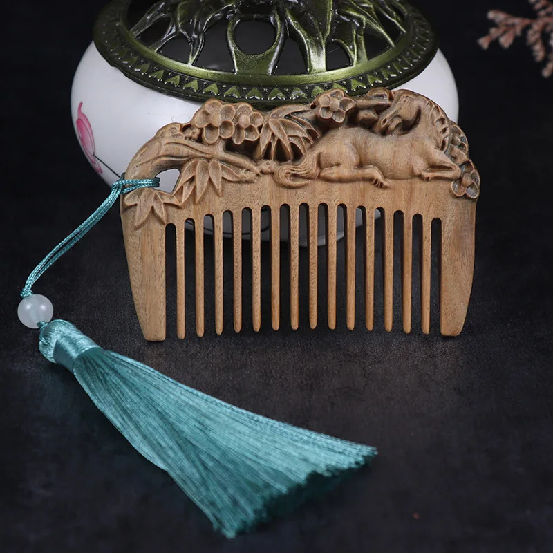 Mini Sandalwood Single-sided Carved Comb Anti Static Non Knot Comb with Tassel Molding Tool Animal Carving Wood Comb