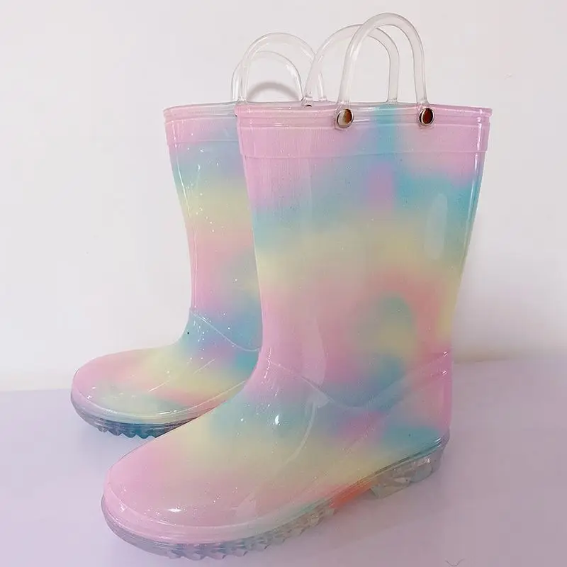 Children PVC Rain Shoes Rainbow Big Girls Boys Kids Ankle Rainboots Waterproof Shoes Round Toe Water Soft Toddler Non-Slip Shoes