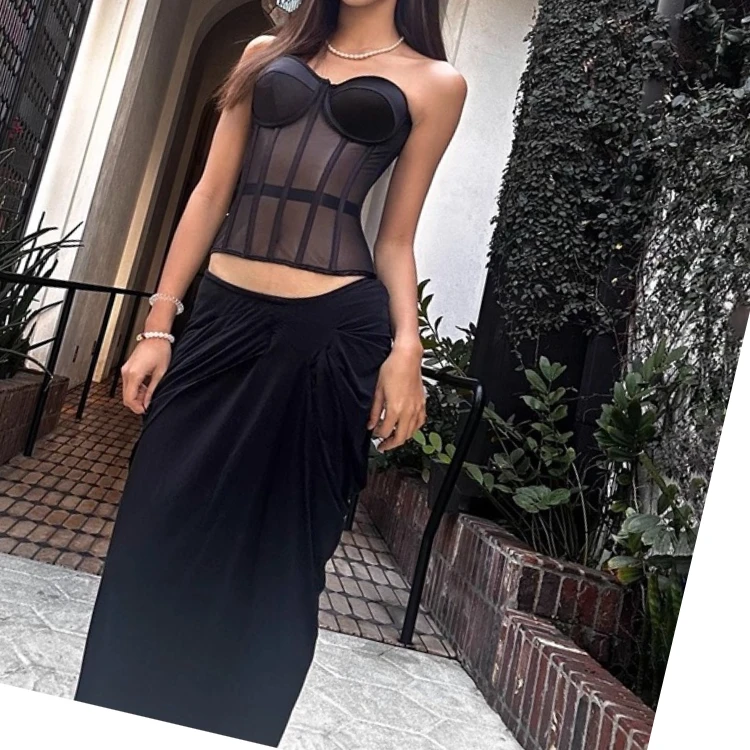

Women Supported Cups Single Layer breathable Mesh Corset Bustier Transparent Bodice Lace Up Steel Bone Strapless Sexy Tops