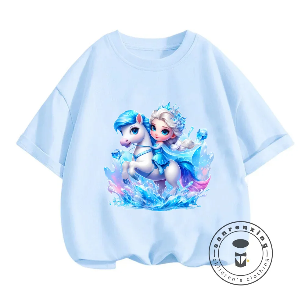 Disney's Beautiful Elsa Princess Summer T-Shirts for Boys Girls Kawaii O-Neck Kids Upper Wear Cute Cartoon Designs Light Trendy