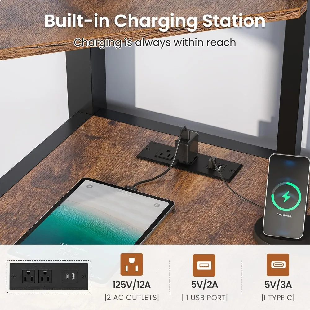 سرير علوي مزدوج مع مكتب على شكل حرف L و6 أرفف تخزين، سرير علوي بحجم مزدوج مع محطة شحن، وأضواء LED، وواقي أمان وسلم