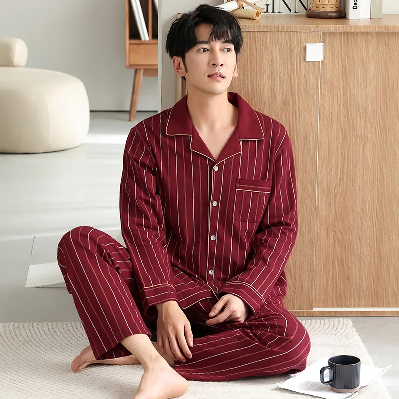 Newest Big Size M-4XL Men Pajamas Set 100%Cotton Long Sleeve Sleepwear Men Pajama Suit Nightwear Pijama