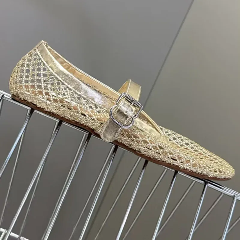 

Real Leather Version Of Sparkling Diamond Hollowed Out Fishing Net Single Shoes For Women's Summer Mesh Mary Jane Sandals