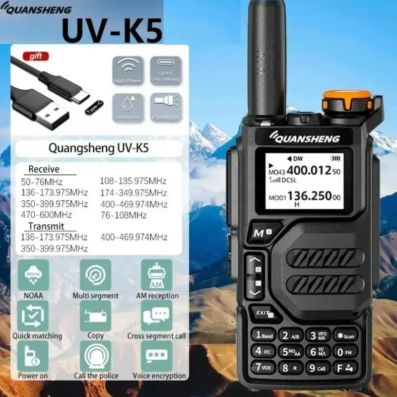 

Радио Quansheng UV-K5 Кабель USB-C Двухдиапазонная двусторонняя радиостанция дальнего действия для взрослых Портативная радиостанция дальнего действия 5 Вт NOAA Scrambler/DTMF