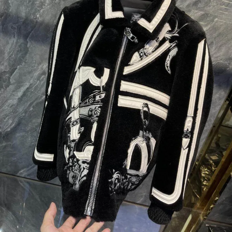 HKSH Autumn Winter New Women Men Faux Fur Coat Color Block Patchwork Turn-Down Collar Zipper Luxury High-End Warm Jacket HK18486