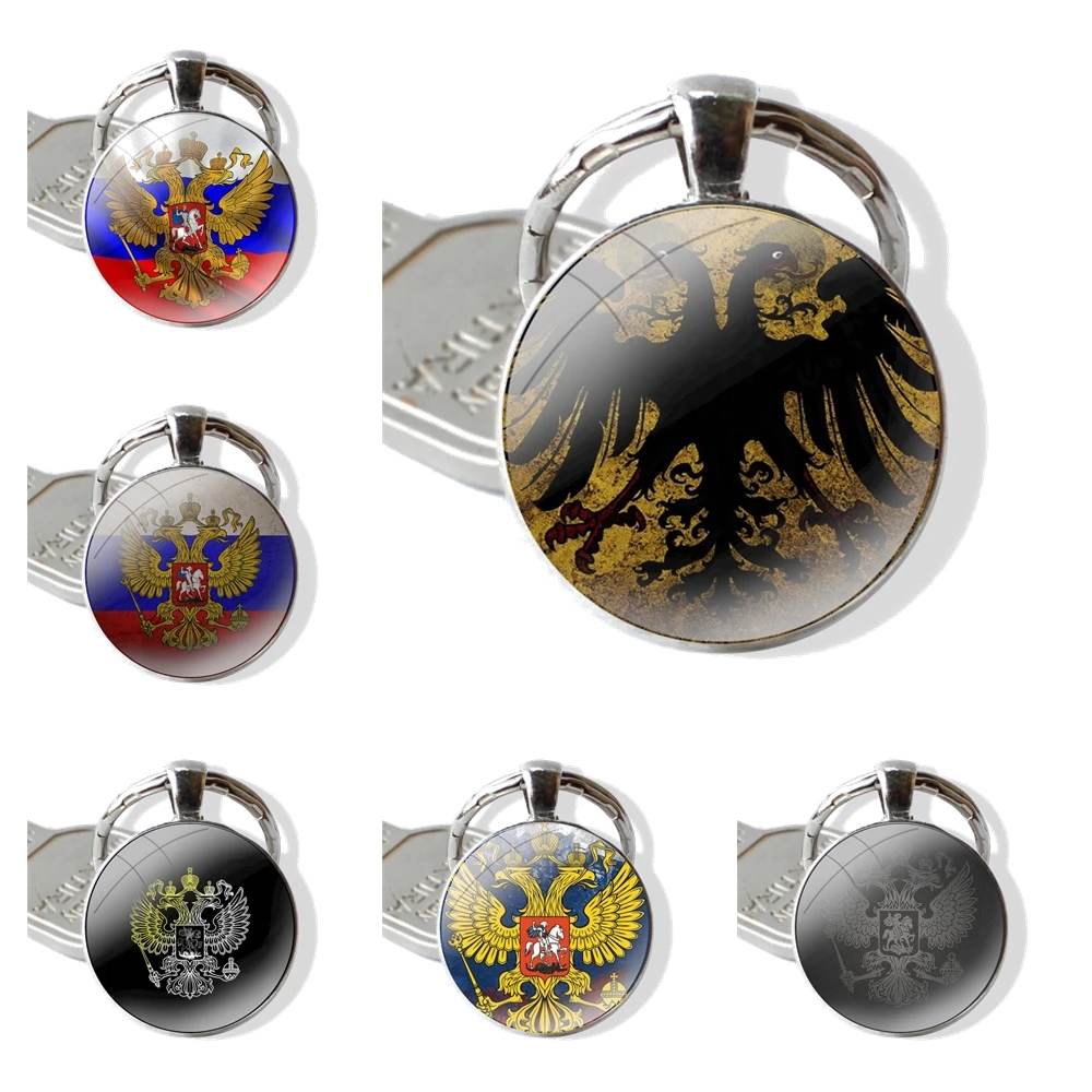 Russia Coat of arms Double headed eagle Keychain Handmade Glass Cabochon Key Ring Holder Pendant Key Chains