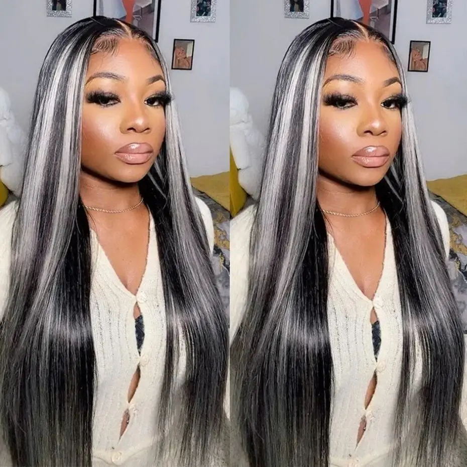 Black Highlight Straight 13x4 Lace Frontal Wigs Human Hair Silver Grey And Black Colored Transparent Lace Front Wig For Women