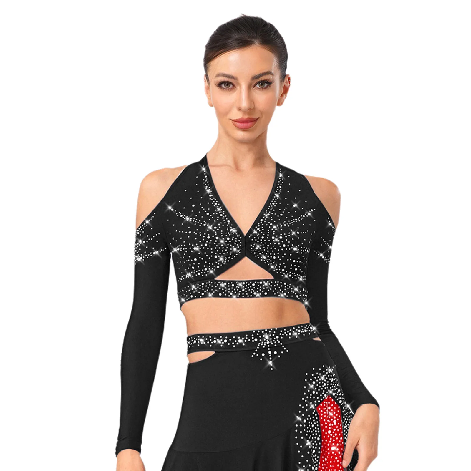

Rhinestones Jazz Latin Ballet Dance Outfit for Womens Halter Long Sleeve Deep V-Neck Crop Top Skirts Skating Dance Backless Sets