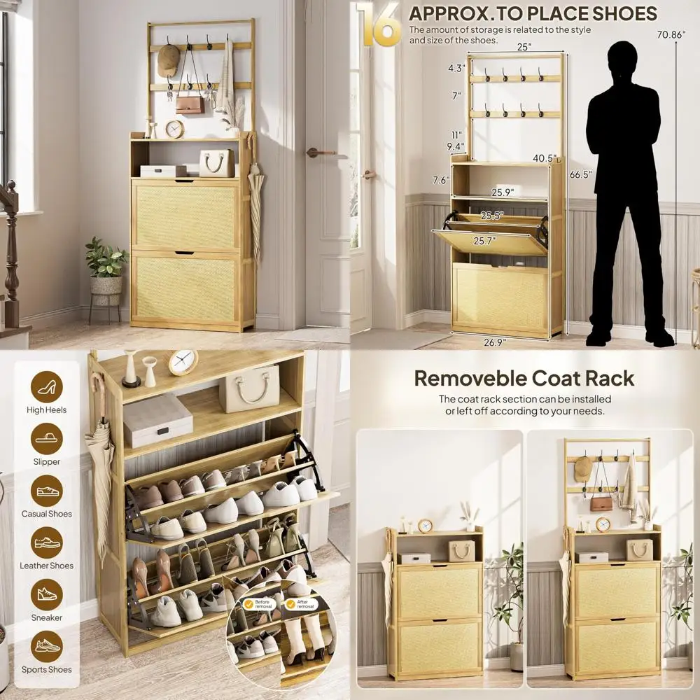 

Rattan Drawers Shoe Cabinet with Bamboo Storage and Coat Hooks for Entryway Organization