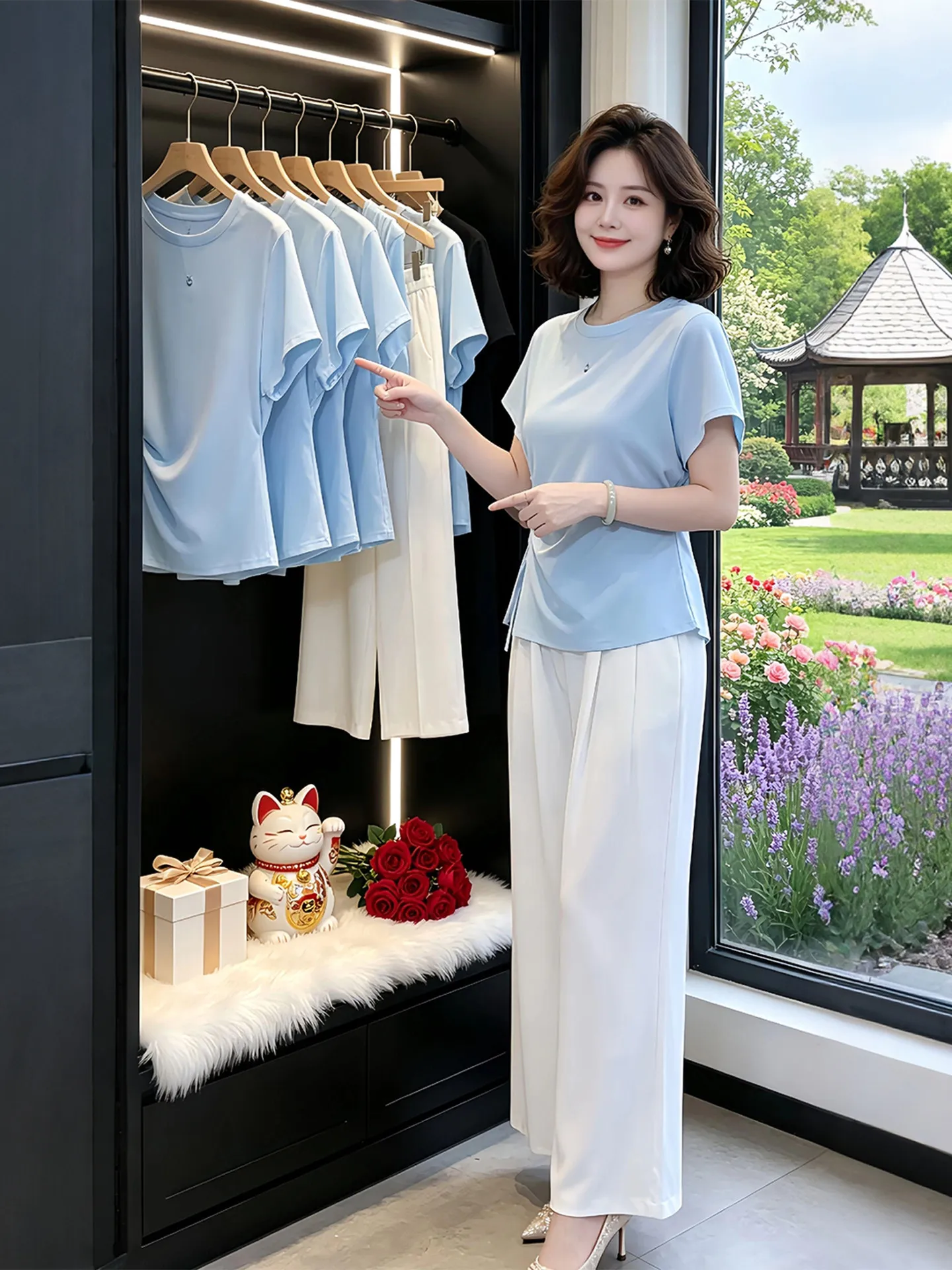

Blue round Neck Short Sleeve Fashionable Design Two-Piece Set with Wide Leg Pants Shoulder-Appropriate Stylish Summer Outfit