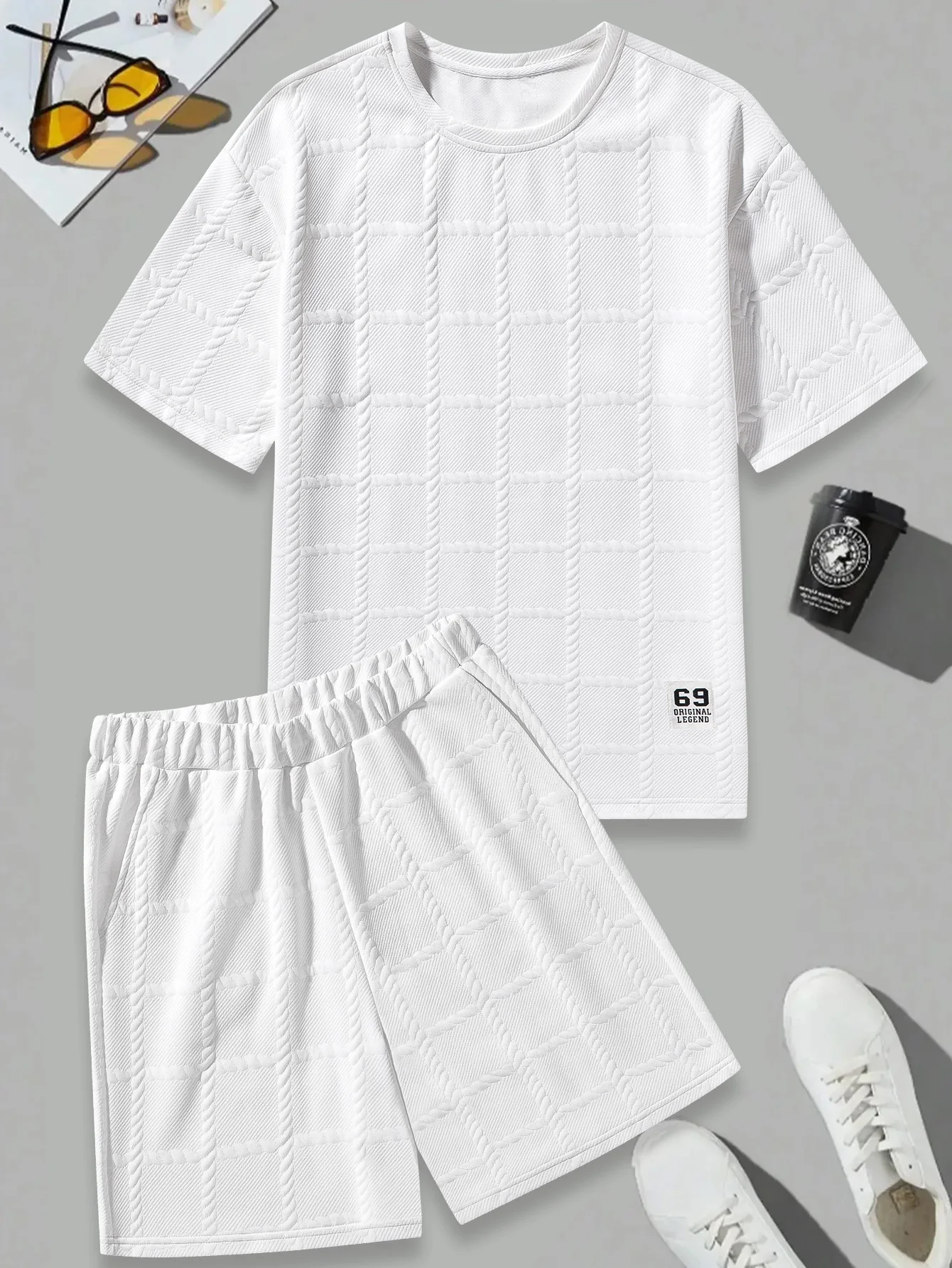 

Men’s Short Sleeve T-Shirt & Shorts Set, Textured Pattern, Casual Style for Daily Wear, Comfortable Fashion Loungewear