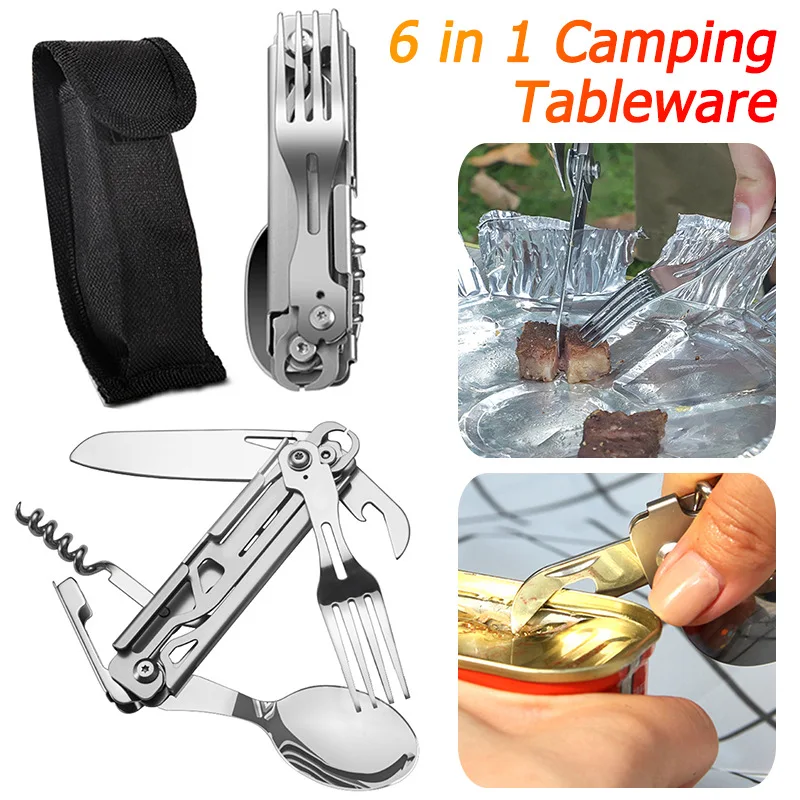 

6 in 1 Multifunctional Camping Cutlery Foldable Portable Can Bottle Opener EDC Tool Smooth for Picnic Hiking for Travelling BBQ