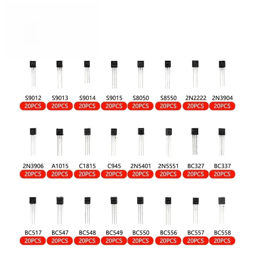 

Silicon Transistor Kit 480 Units TO-92 Housing 24 NPN PNP Variants for Amplification Switching and Signal Processing