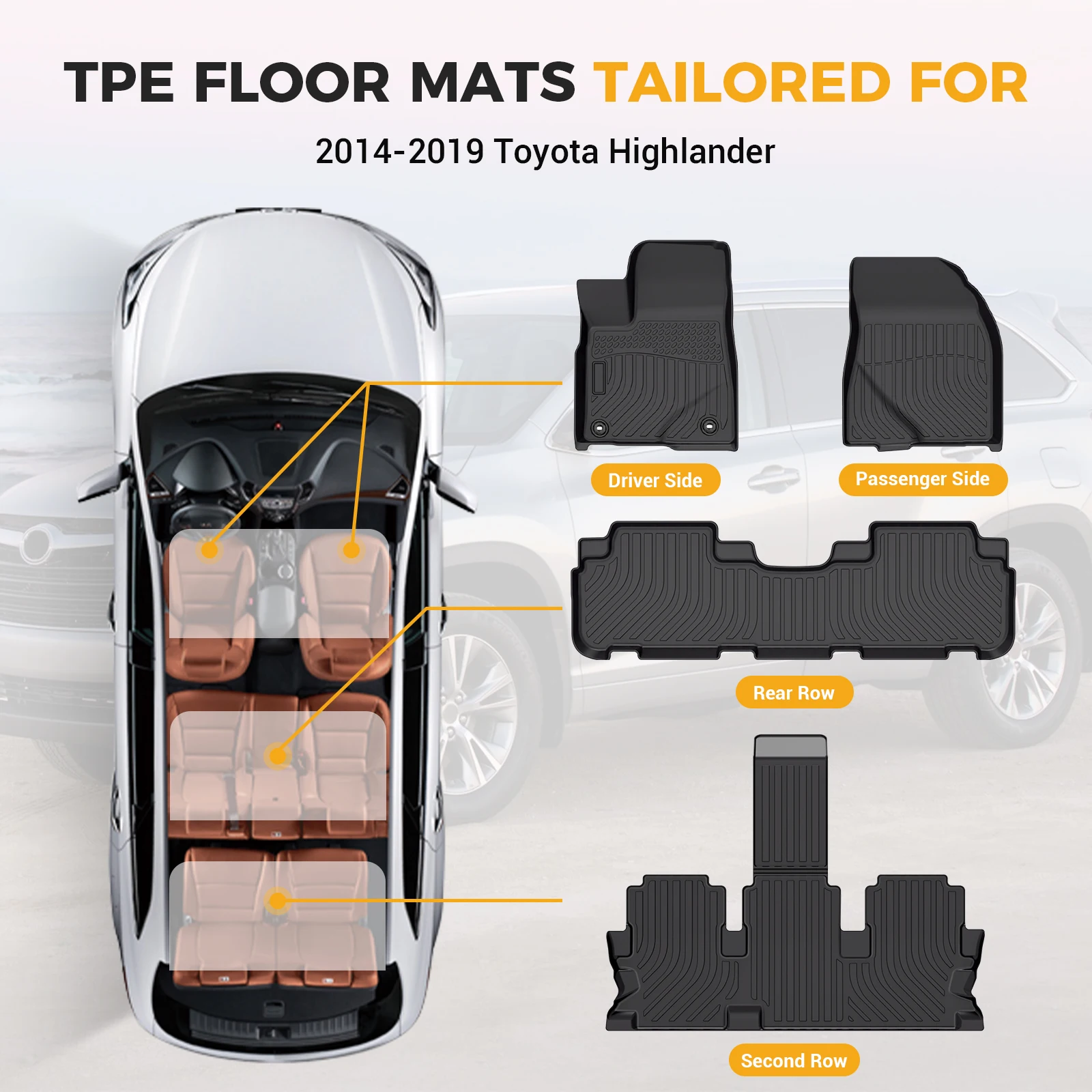 مجموعة من 3 صفوف من سجادات أرضية السيارة المطاطية TPE لسيارة تويوتا هايلاندر، الهجين 2014-2019