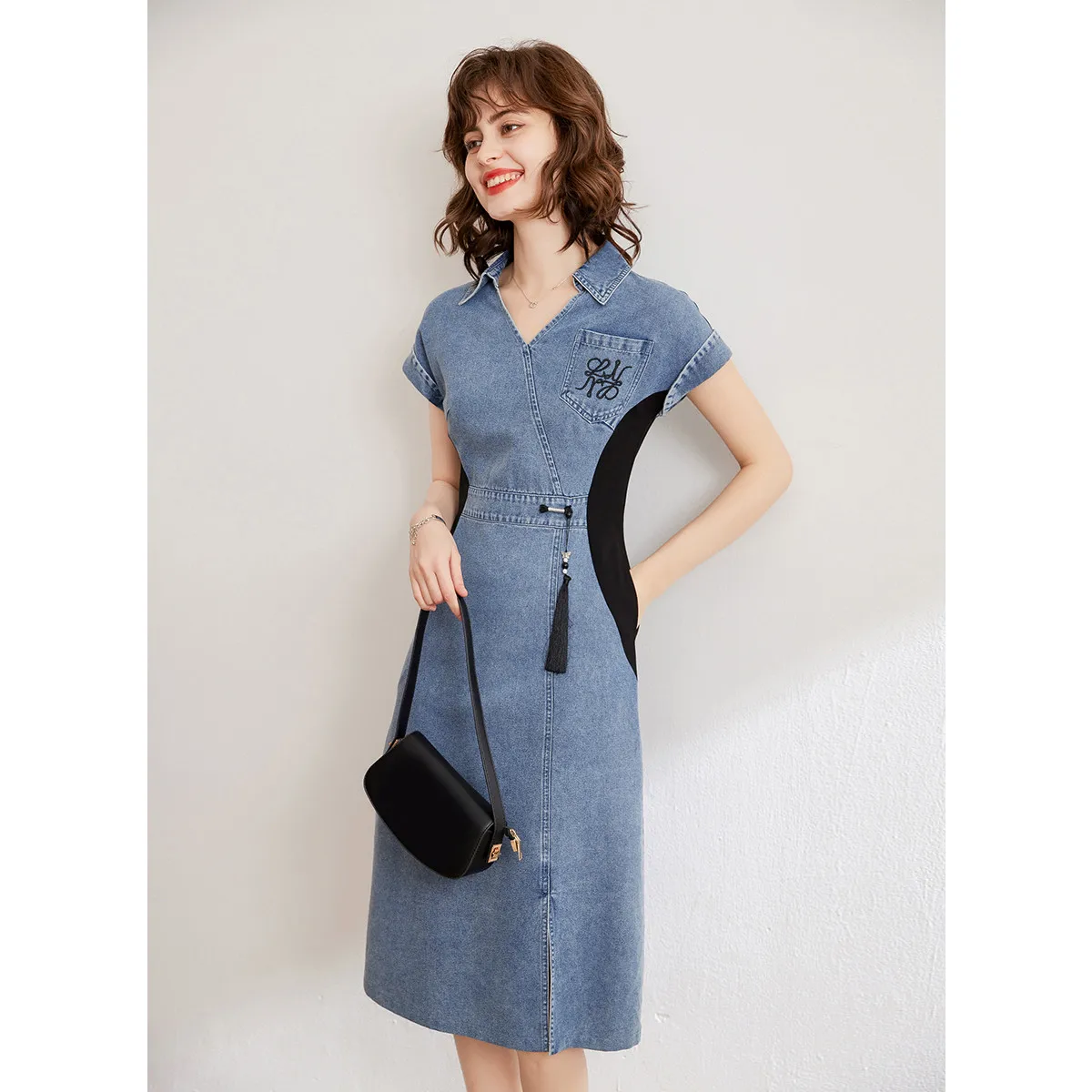 LOUIS YAO Denim Dress V Neck Short Sleeve Dress 2024 Summer Slim Fit Embroidery Fashion Long Dress