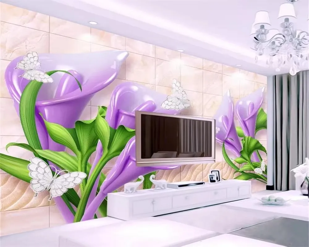 Customized wallpaper purple calla lily HD marble embossed soft bag jewelry background wall papel de parede 3d wallpaper