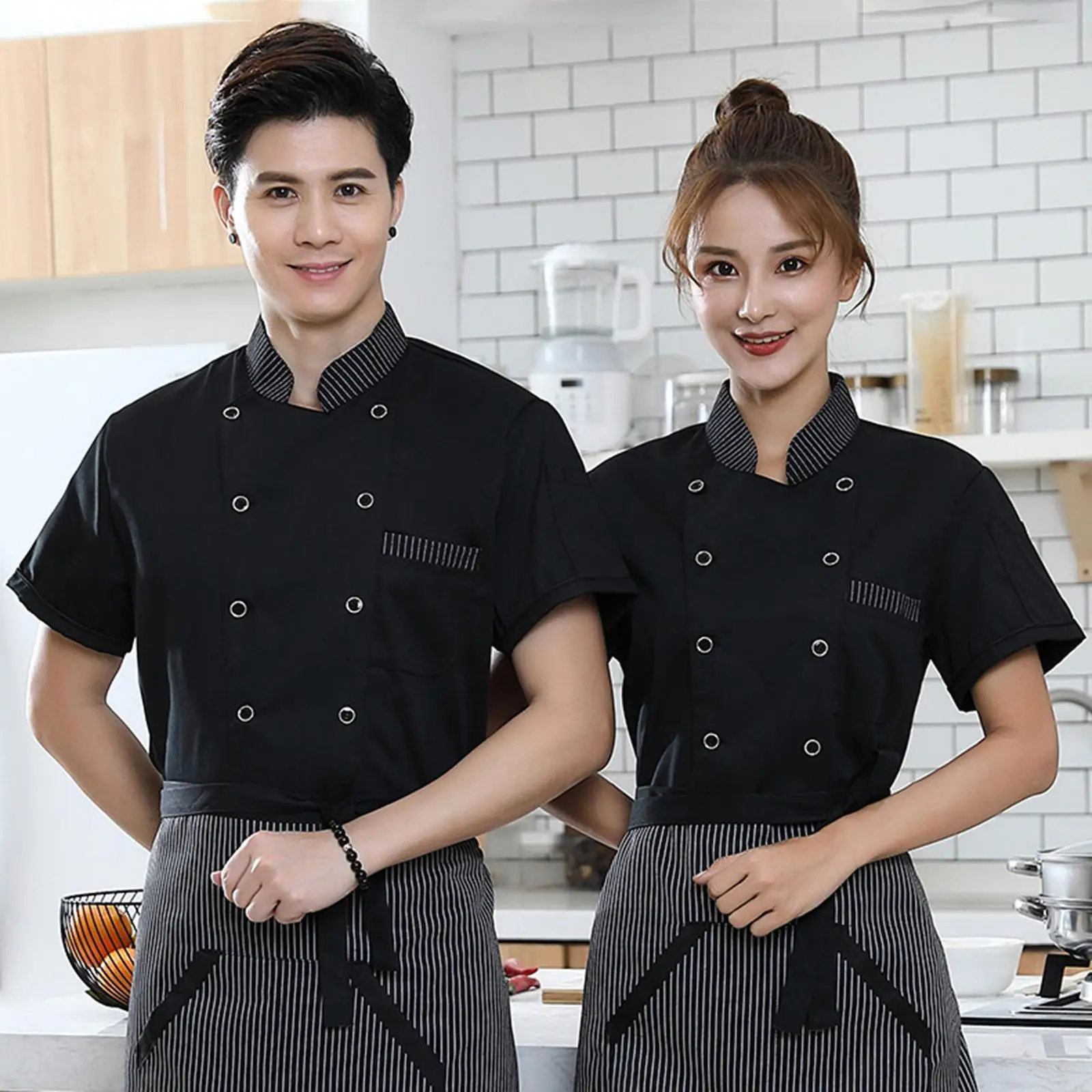Restaurant Work Short Sleeved Uniform And Durable Fabric For Chefs And Durable. Double Breasted Is Black 3XL