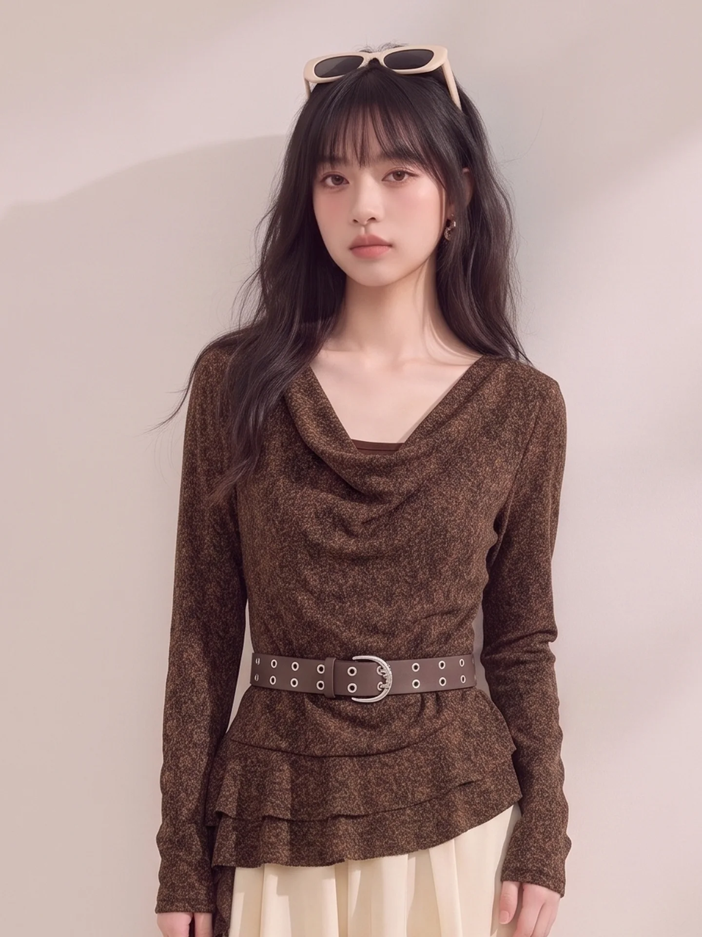 Long Sleeve Lace Collar Chiffon Top Women's Autumn Belted Waist Slimming Asymmetrical Hem Commute Style Korean Version