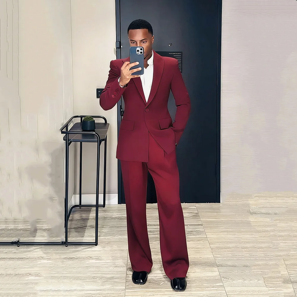 

Red Men Suit Fashion 2 Pieces Jacket Pant Looses Peak Lapel Single Breasted High Quality Banquet Celebrity Male Clothing Luxury
