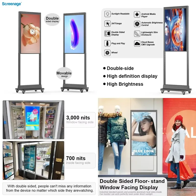 Double-sided High Brightness IPS Panel Hanging Display 43-65 Inch HD Screen Floor-standing Retail Shop Advertising Window