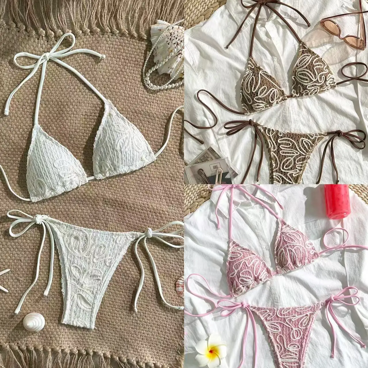

String Halter Triangle Thong Micro Bikini Wave Striped Fishnet Swimwear Sexy Swimsuit Women Bikinis Sets