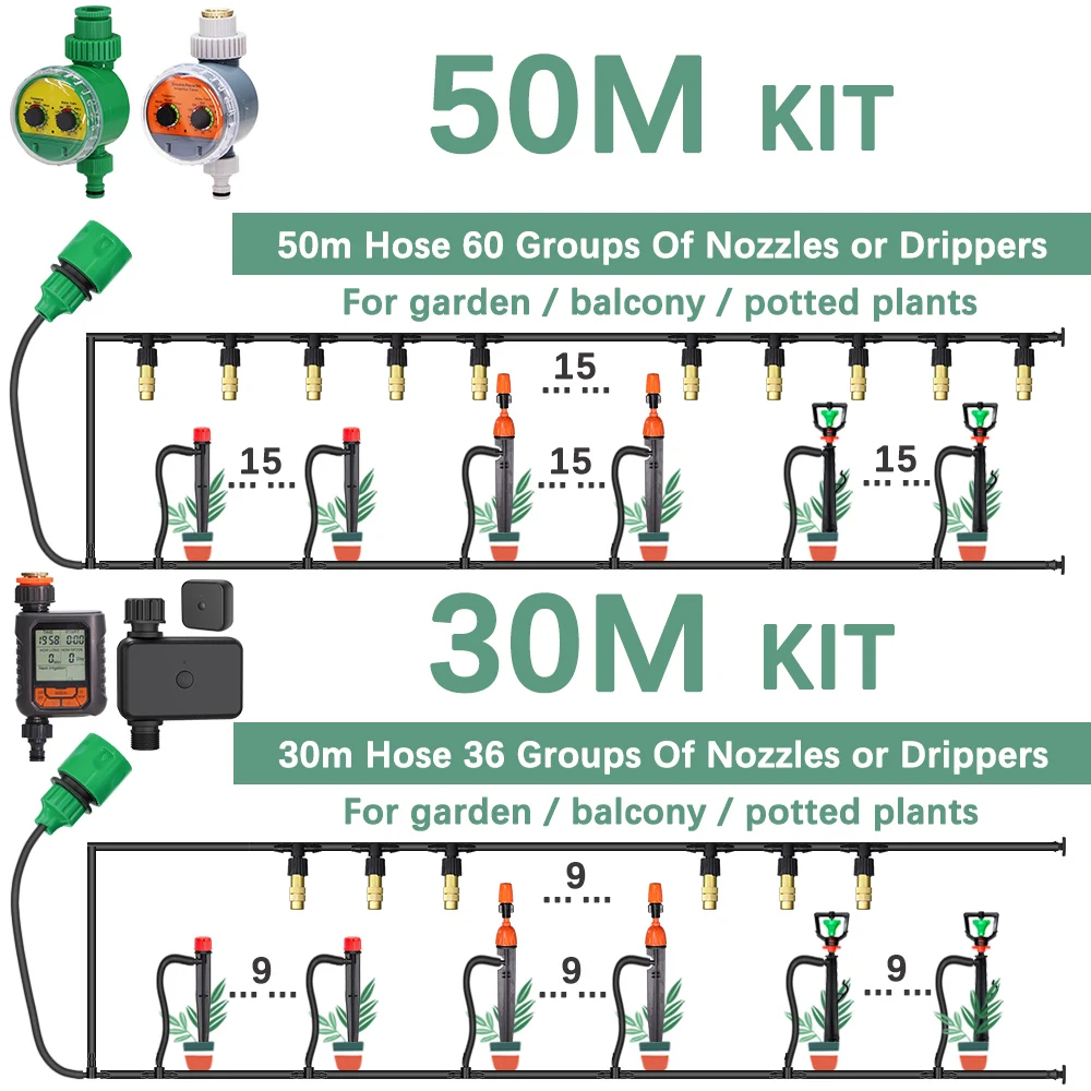 30/50M DIY Drip Irrigation System Automatic Watering with LCD/WIFI Timer Micro Adjustable Drippers Head Mist Nozzle Sprinkler  