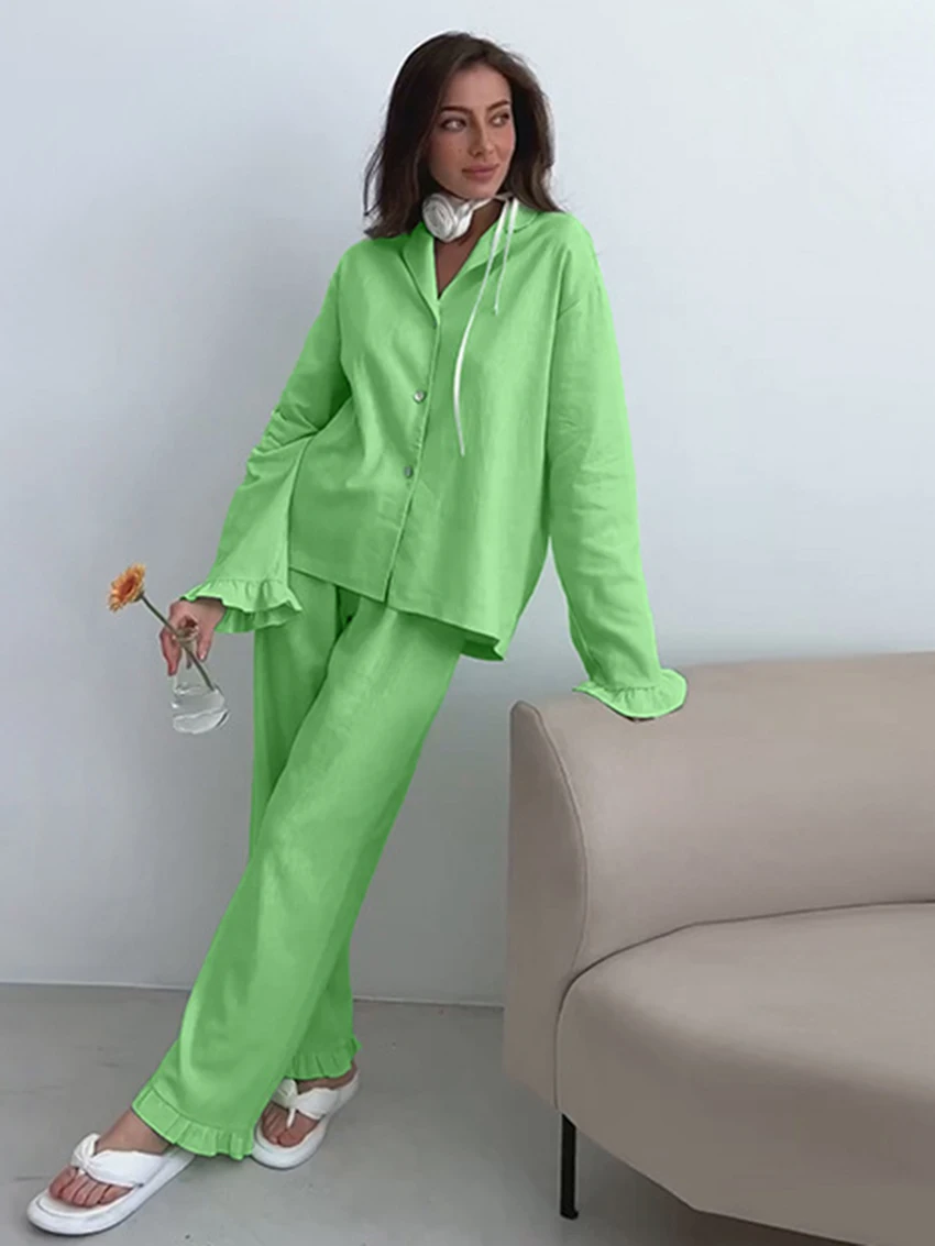 Marthaqiqi Casual Women Sleepwear 2 Piece Set Turn-Down Collar Pajamas Long Sleeve Nightwear Pants Loose Femme Nightgowns Suits