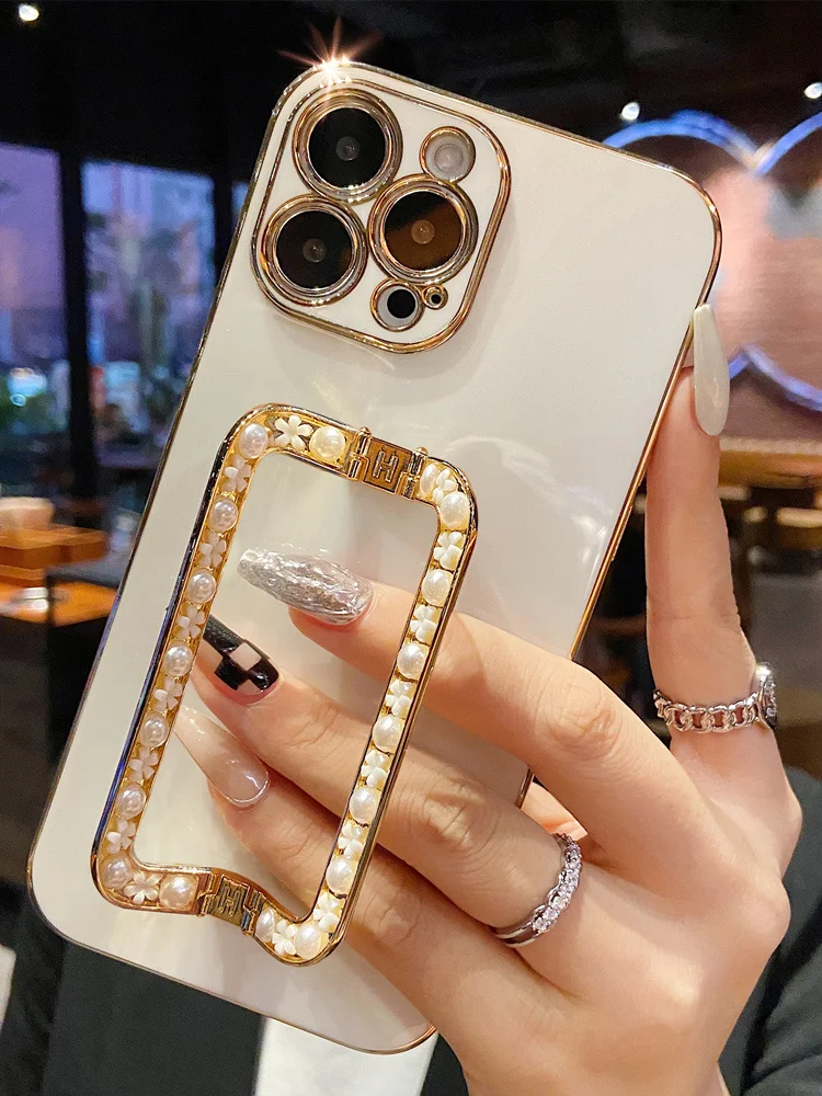 Mới Cho iPhone 14 13 12 11 Pro Max X Xs XR 7 8 Plus SE2020 Điện Thoại Ốp Lưng Sang Trọng 3D Ngọc Trai Vuông Giá Đỡ Mạ Vàng Da
