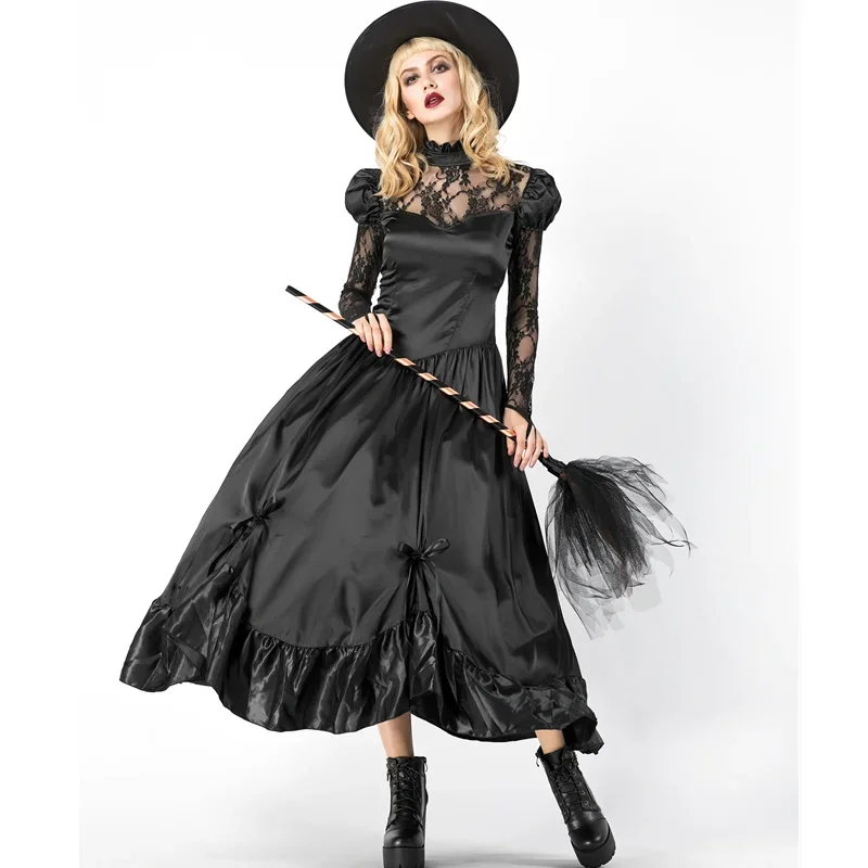 Costume da strega sexy per donne adulte Costume da momento magico Strega Abito in pizzo nero Abito Abito Copsay Abbigliamento per Halloween