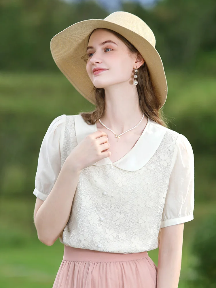 I BELIEVE YOU French Peter pan Collar Puff Sleeve Lace Shirt & Blouse Female 2024 Summer New Basics Shirts For Women 2242055697