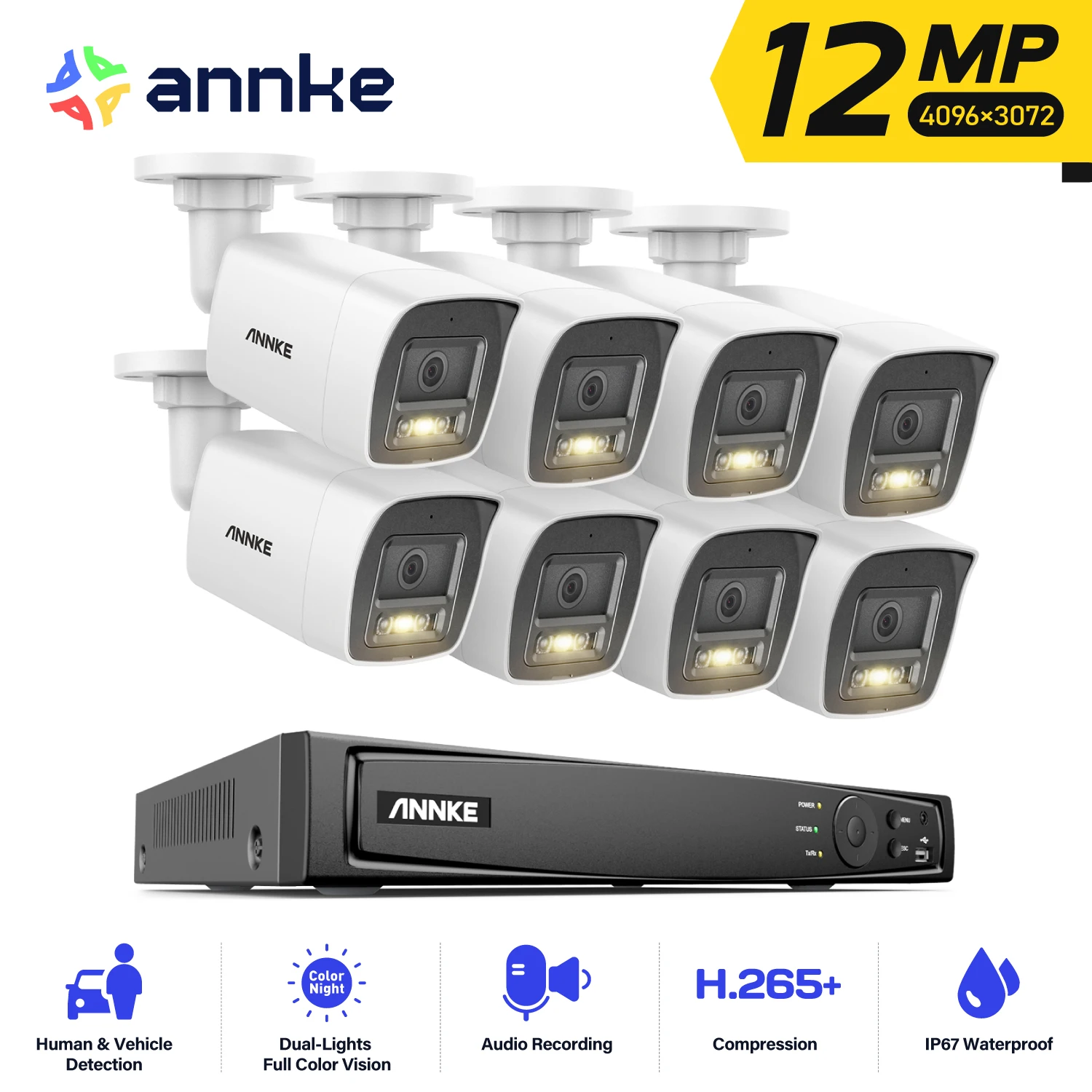 ANNKE 12MP Camera Kits Smart Dual Light Security 8CH NVR 8PCS POE Camera Outdoor CCTV Video Surveillance Protection Camera