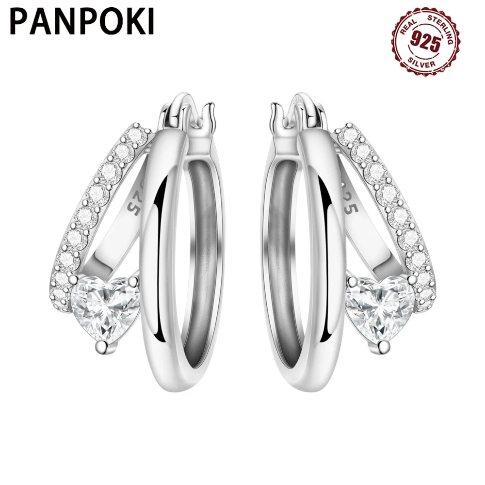 PANPOKI 925 Sterling Silver Double Layered Heart-shaped Earrings Jewelry Hoop Earrings For Women Jewelry Birthday Party Gifts