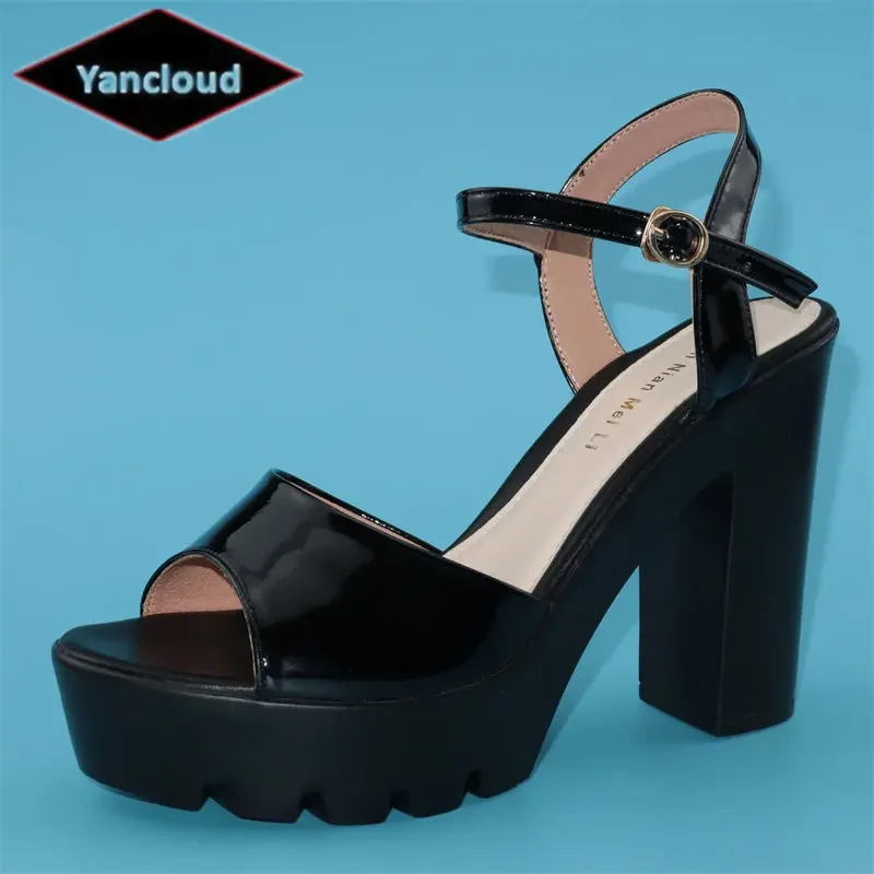 

Yancloud Small Size 32-43 Sexy Patent Leather Shoes Women Summer Platform Sandals 2024 Block High Heels Sandals Thick Sole