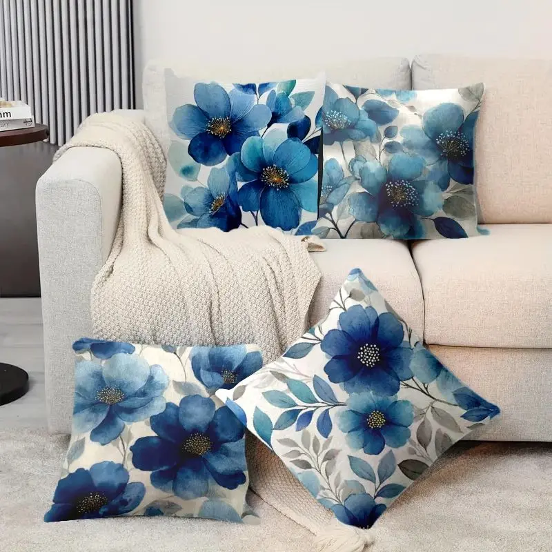 

4pcs Blue Floral Watercolor Pillow Covers Velvet Polyester Cushion Cases Modern Botanical Decorative Throw Pillows Home Decor