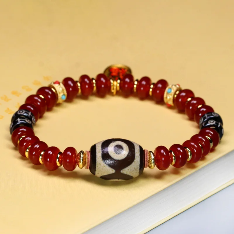 Old Three-Eyed Dzi Bead Bracelet Cow Bone Red Agate Single Circle 14X18Mm Fashionable Versatile Style