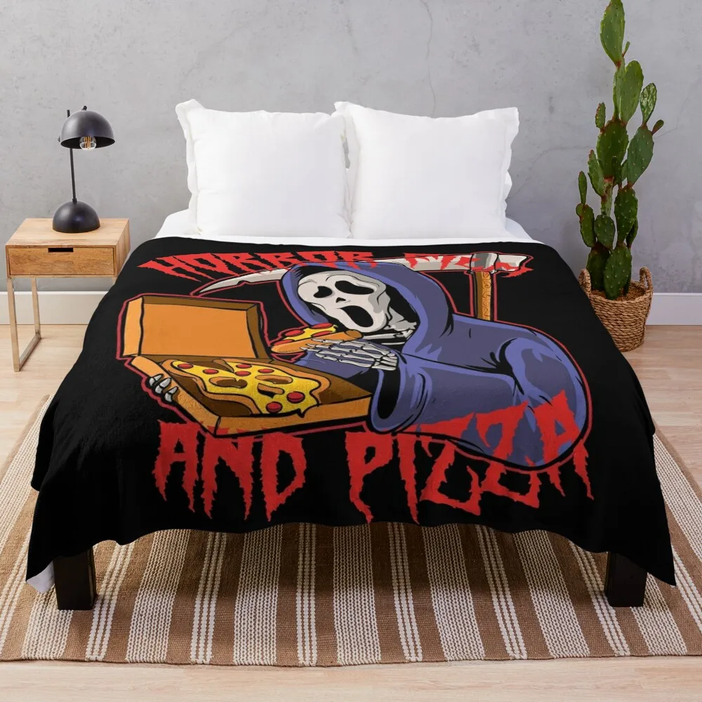 Horror Movie and Pizza ( Creepy Grim Reaper Halloween Date ) Throw Blanket Hair anime Blankets