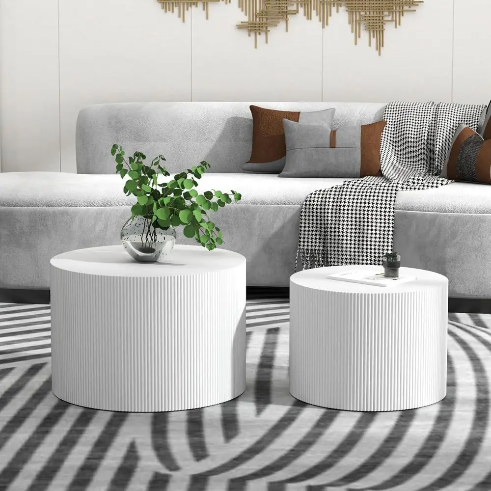 

Pair of Modern White Wooden Nesting Coffee Tables, Living Room Circle Side Tables, No Assembly, Ideal for Bedroom & Balcony