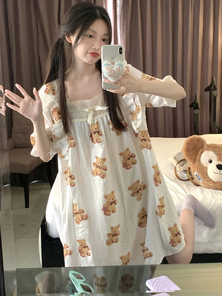 

Bear Print Cartoon 100%Cotton Home Short Sleeve Sweet Pajama Set Women Loose Real price Girlish Style NightDress Soft Casual Ins