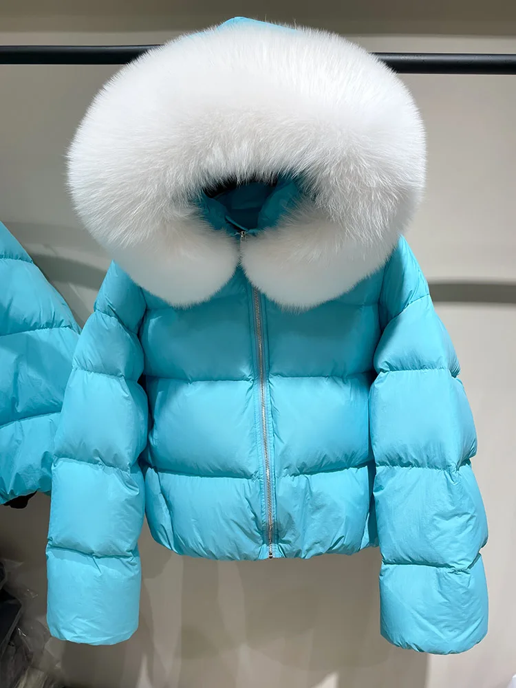 New Real Fox Fur Coat Hooded Fashion Winter White Duick Down Jacket Women Short Warm Simple Female Puffer Jacket Women