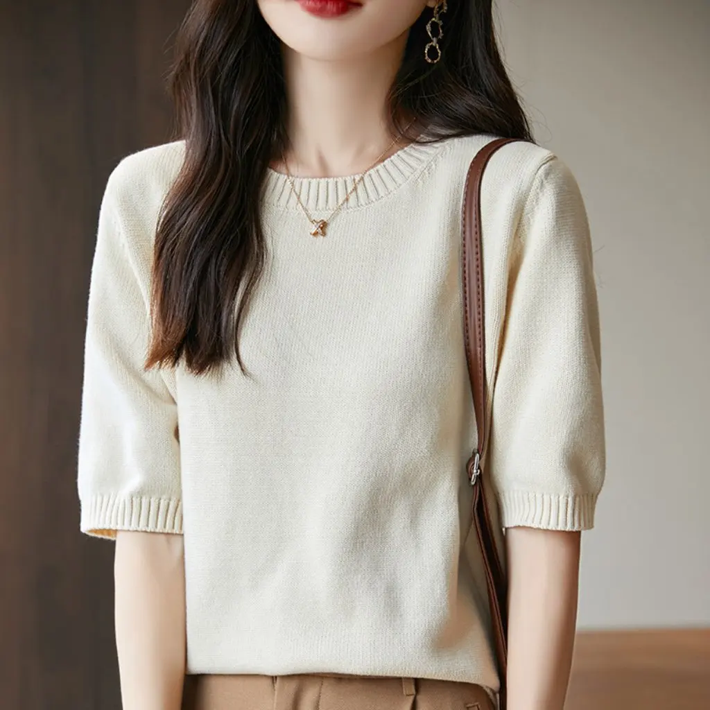 

Women's Cotton Short-Sleeved Knitted T-Shirt round Neck Pullover Loose Fit Double-Stranded Thickened Vest Top
