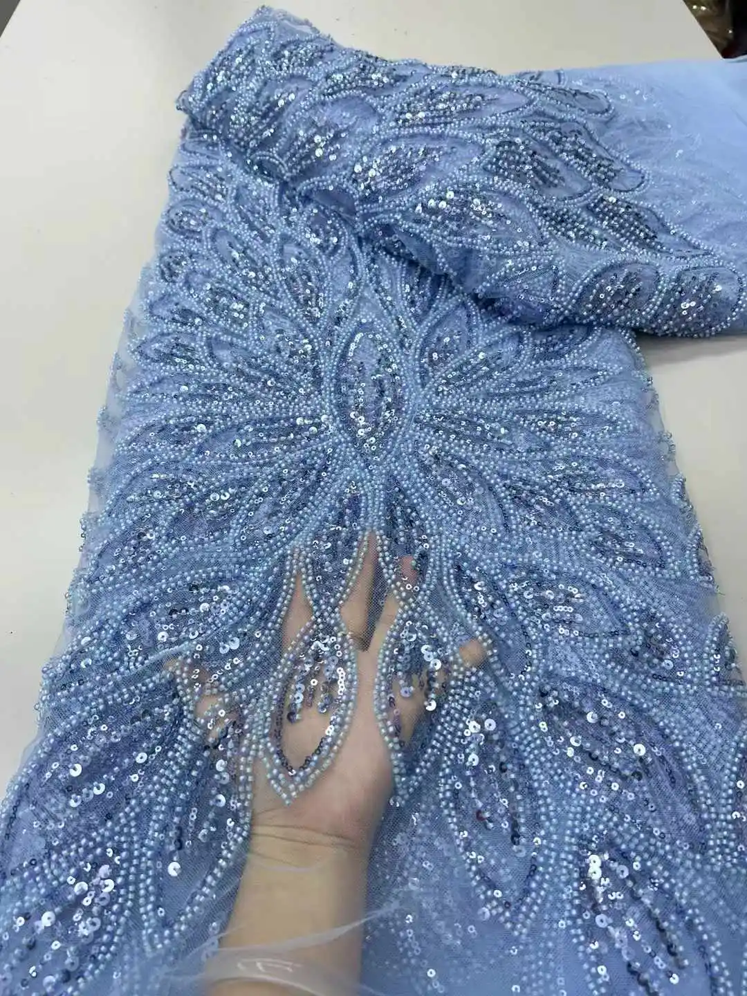 

2025 Latest Luxury Beaded African Lace Fabric Embroidery French Mesh Sequins Lace Fabric Nigerian Tulle Lace For Party Dress