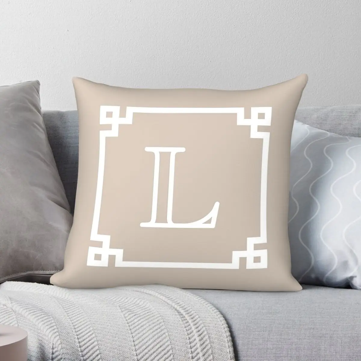 White Monogram L White Greek Key Square Pillowcase Polyester Linen Velvet Creative Zip Decorative Pillow Case Home Cushion Case
